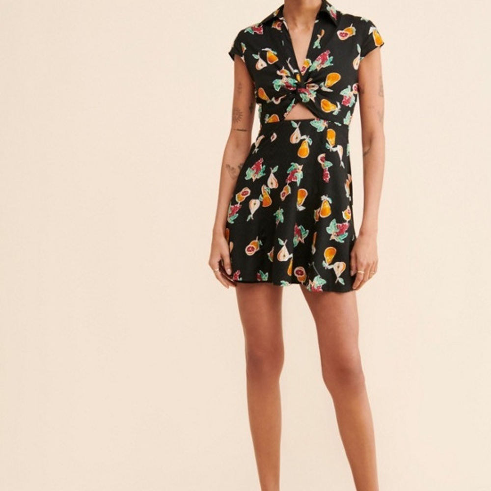 Urban Outfitters Harlow Twist Front Mini Dress black with fruit print summer
